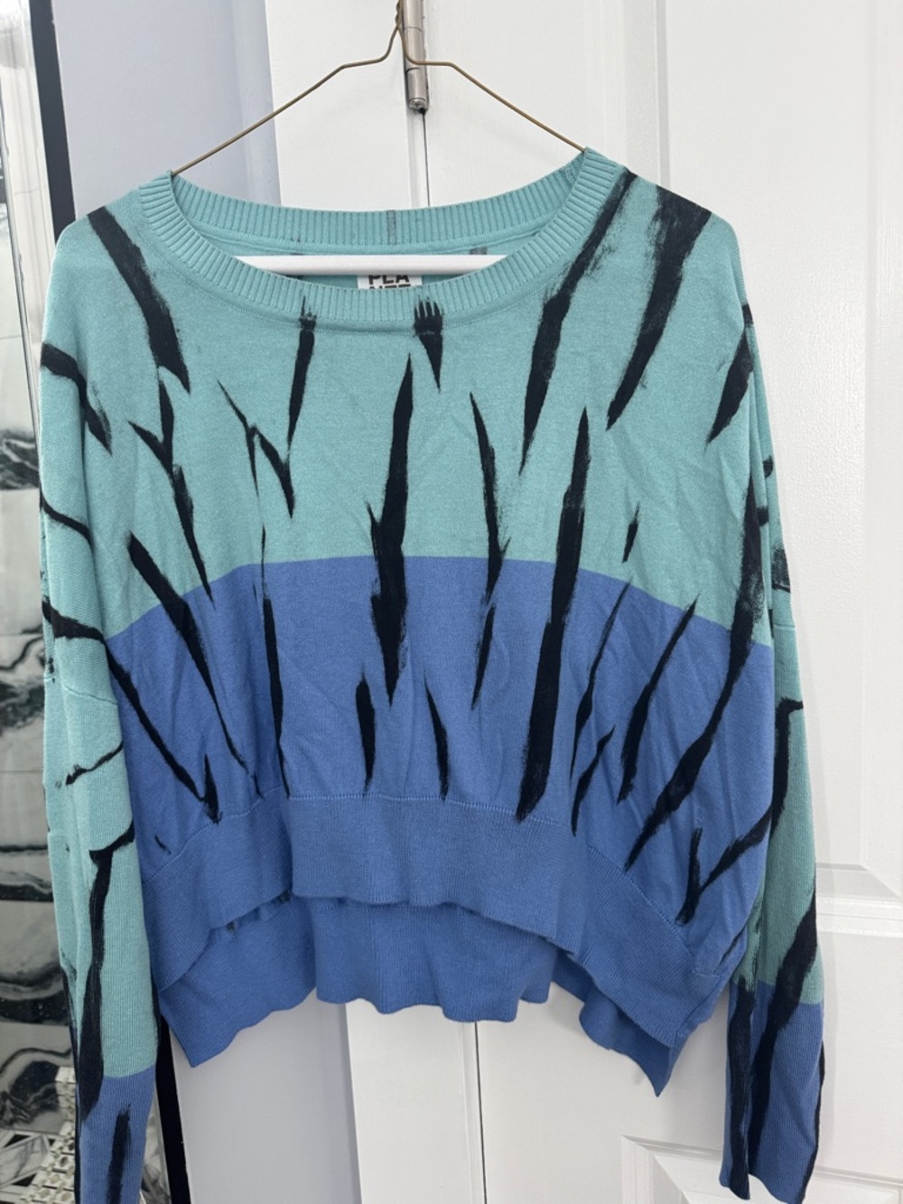 Planet Teal & Blue Cropped Knit Sweater with Black Brushstroke Detail